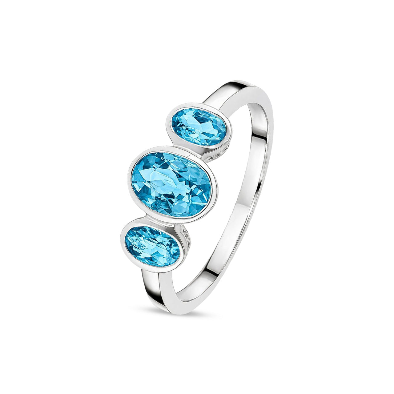 9ct White Gold Oval Natural Swiss Blue Topaz Rubover Three Stone Ring