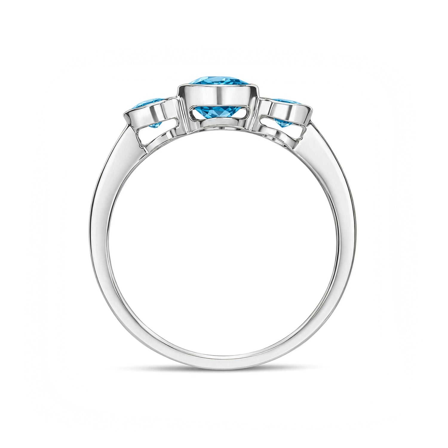 9ct White Gold Oval Natural Swiss Blue Topaz Rubover Three Stone Ring — 7x5mm