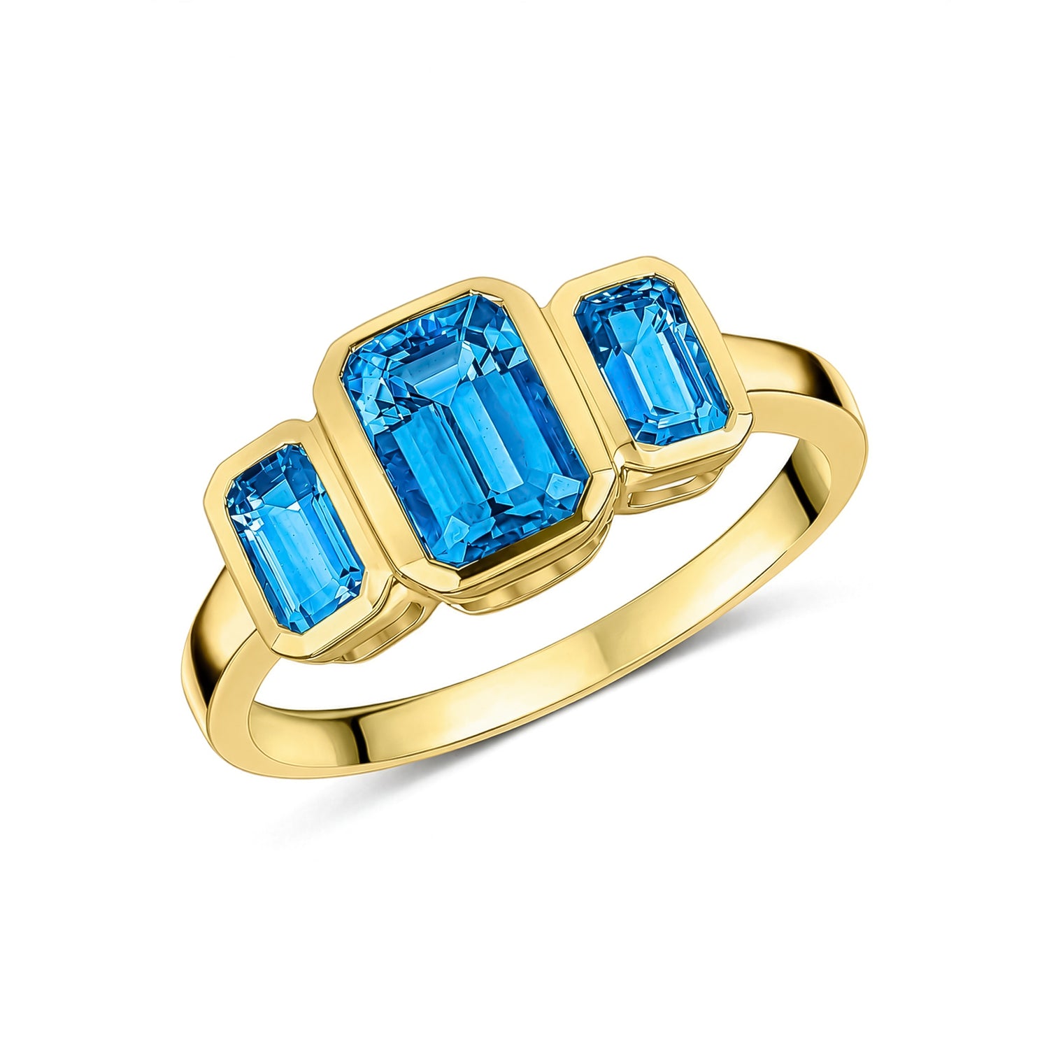 9ct Yellow Gold Octagonal Natural Swiss Blue Topaz Rubover Set Three Stone Ring — 6x4mm