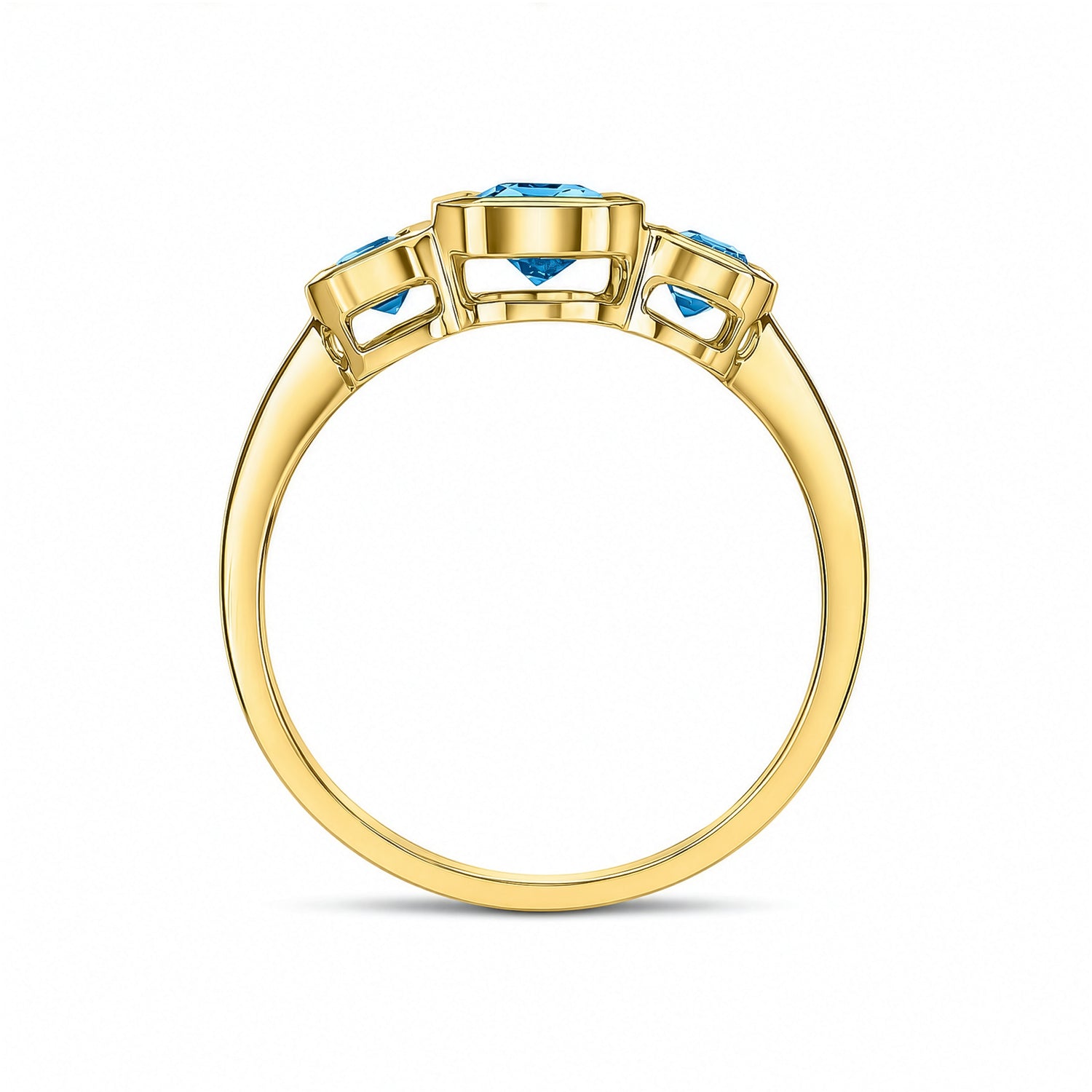 9ct Yellow Gold Octagonal Natural Swiss Blue Topaz Rubover Set Three Stone Ring — 6x4mm