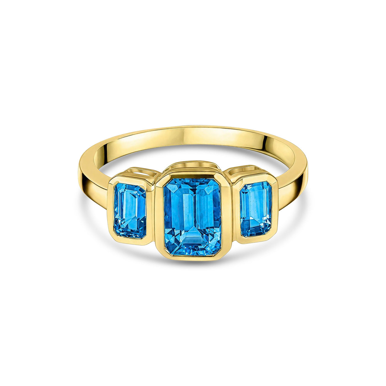 9ct Yellow Gold Octagonal Natural Swiss Blue Topaz Rubover Set Three Stone Ring