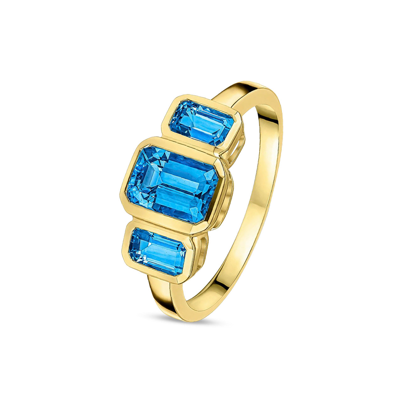 9ct Yellow Gold Octagonal Natural Swiss Blue Topaz Rubover Set Three Stone Ring
