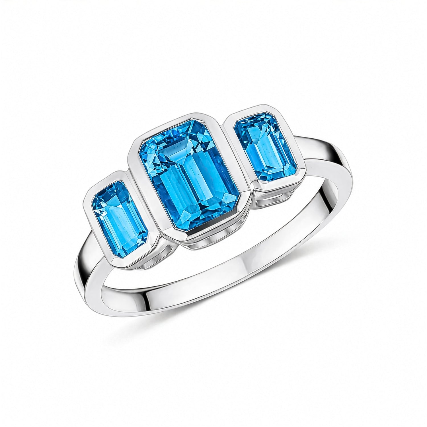 9ct White Gold Octagonal Natural Swiss Blue Topaz Rubover Set Three Stone Ring — 6x4mm