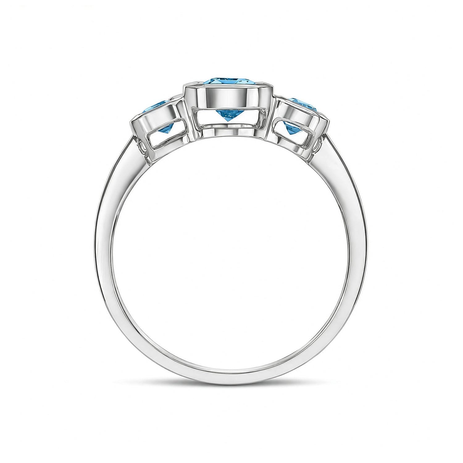 9ct White Gold Octagonal Natural Swiss Blue Topaz Rubover Set Three Stone Ring — 6x4mm