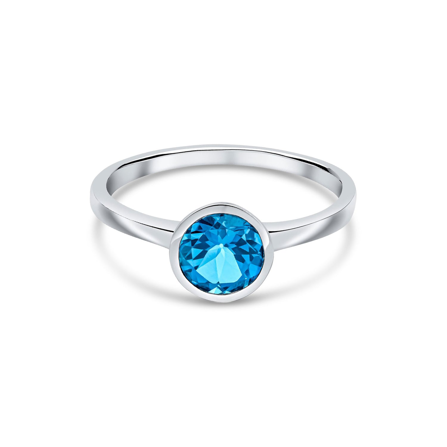 9ct White Gold Round Natural London Blue Topaz Rubover Ring