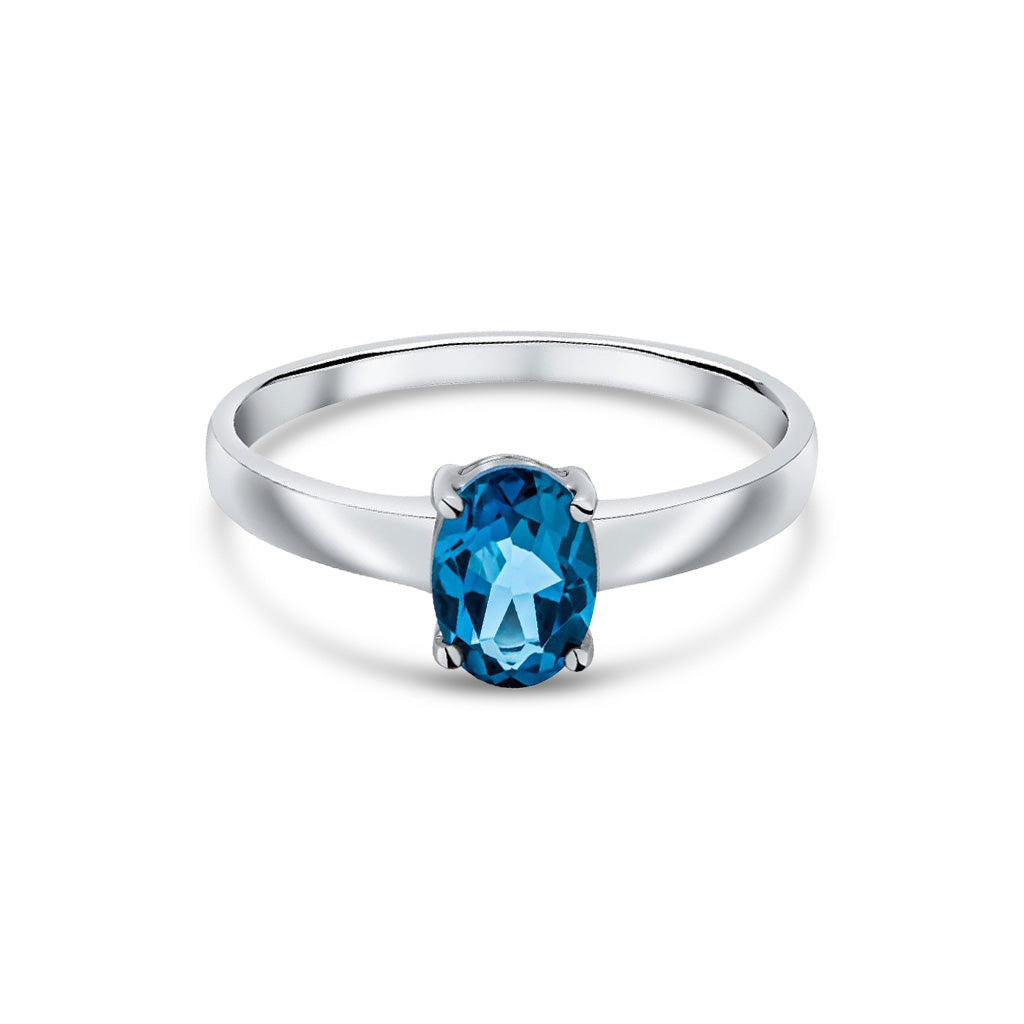 9ct White Gold Oval Natural London Blue Topaz Claw Single Stone Ring — 7x5mm