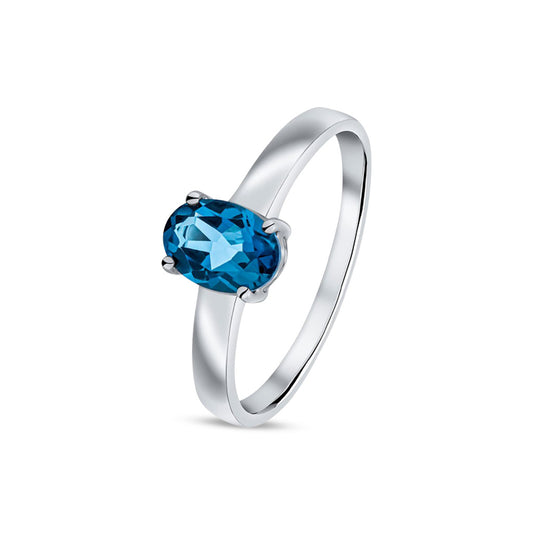 9ct White Gold Oval Natural London Blue Topaz Claw Single Stone Ring — 7x5mm