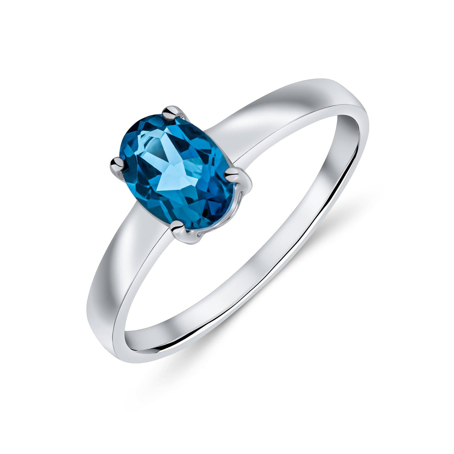 9ct White Gold Oval London Blue Topaz Claw Set Single Stone Ring — 7x5mm