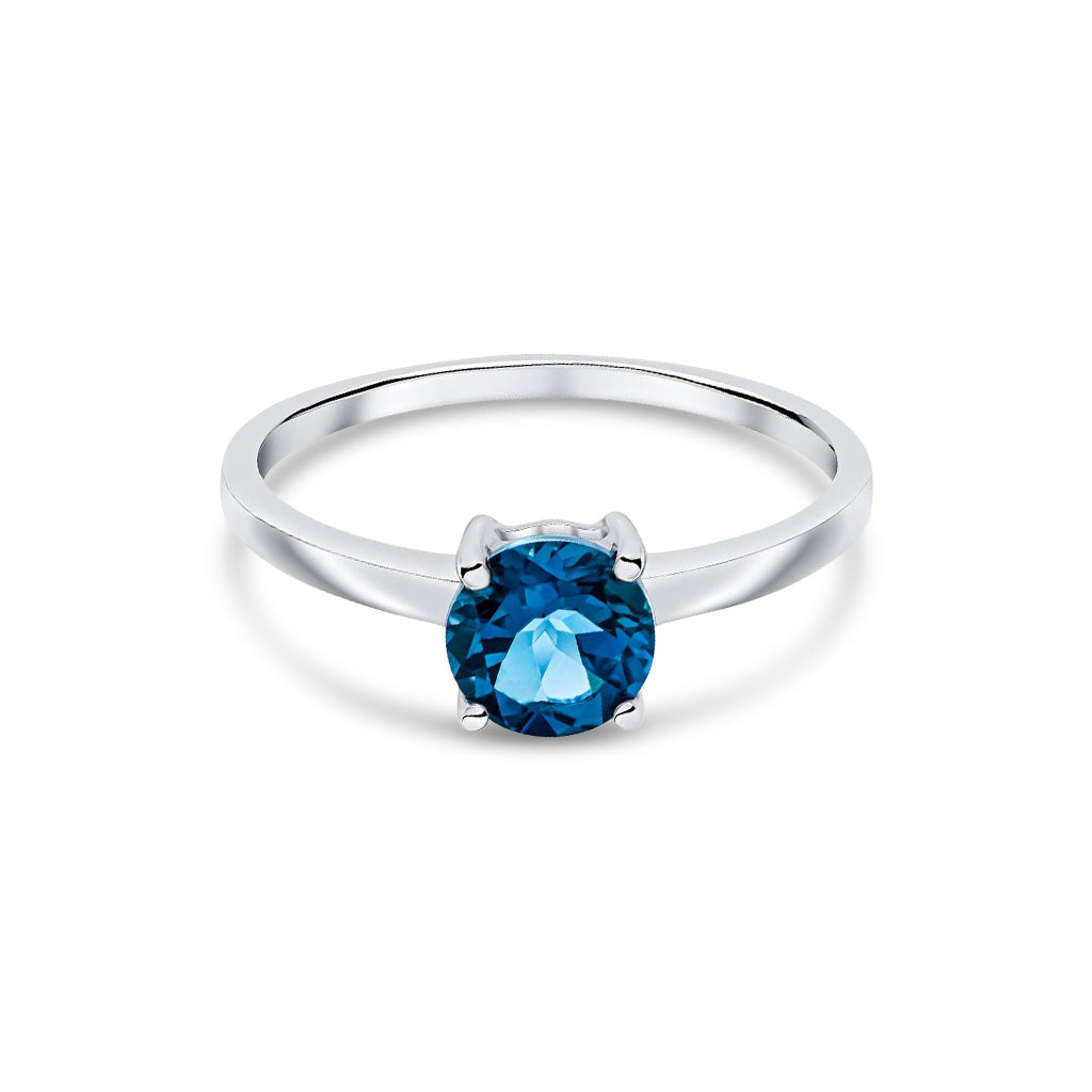 9ct White Gold Round Natural London Blue Topaz Claw Set Single Stone Ring