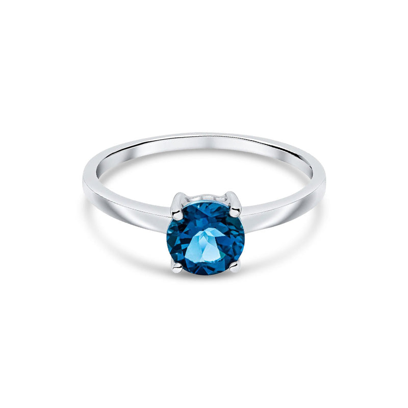 9ct White Gold Round Natural London Blue Topaz Claw Single Stone Ring — 6mm