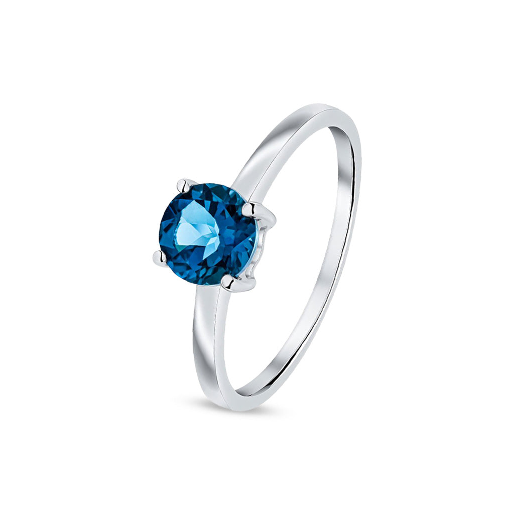 9ct White Gold Round Natural London Blue Topaz Claw Set Single Stone Ring