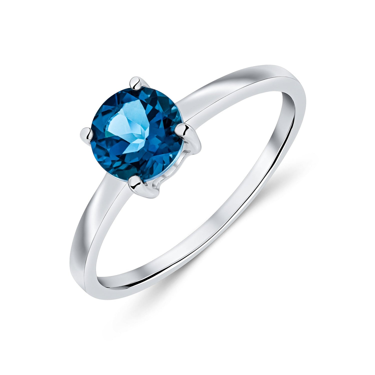 9ct White Gold Round London Blue Topaz Claw Set Single Stone Ring — 6mm