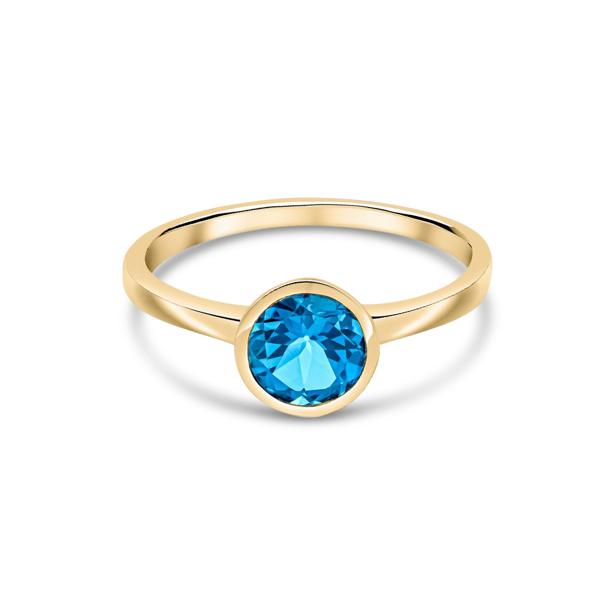 9ct Yellow Gold Round Natural London Blue Topaz Rubover Ring