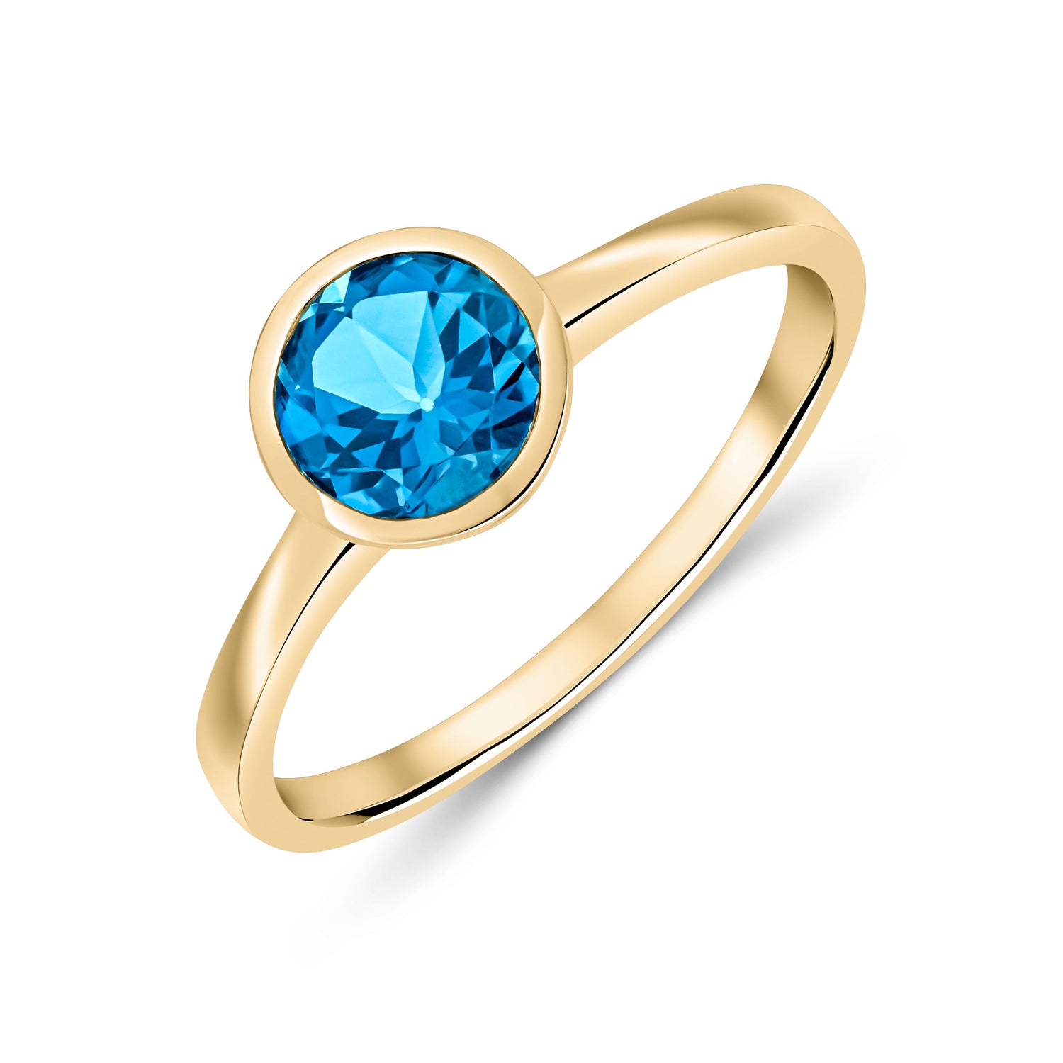 9ct Yellow Gold Round Natural London Blue Topaz Rubover Ring — 6mm