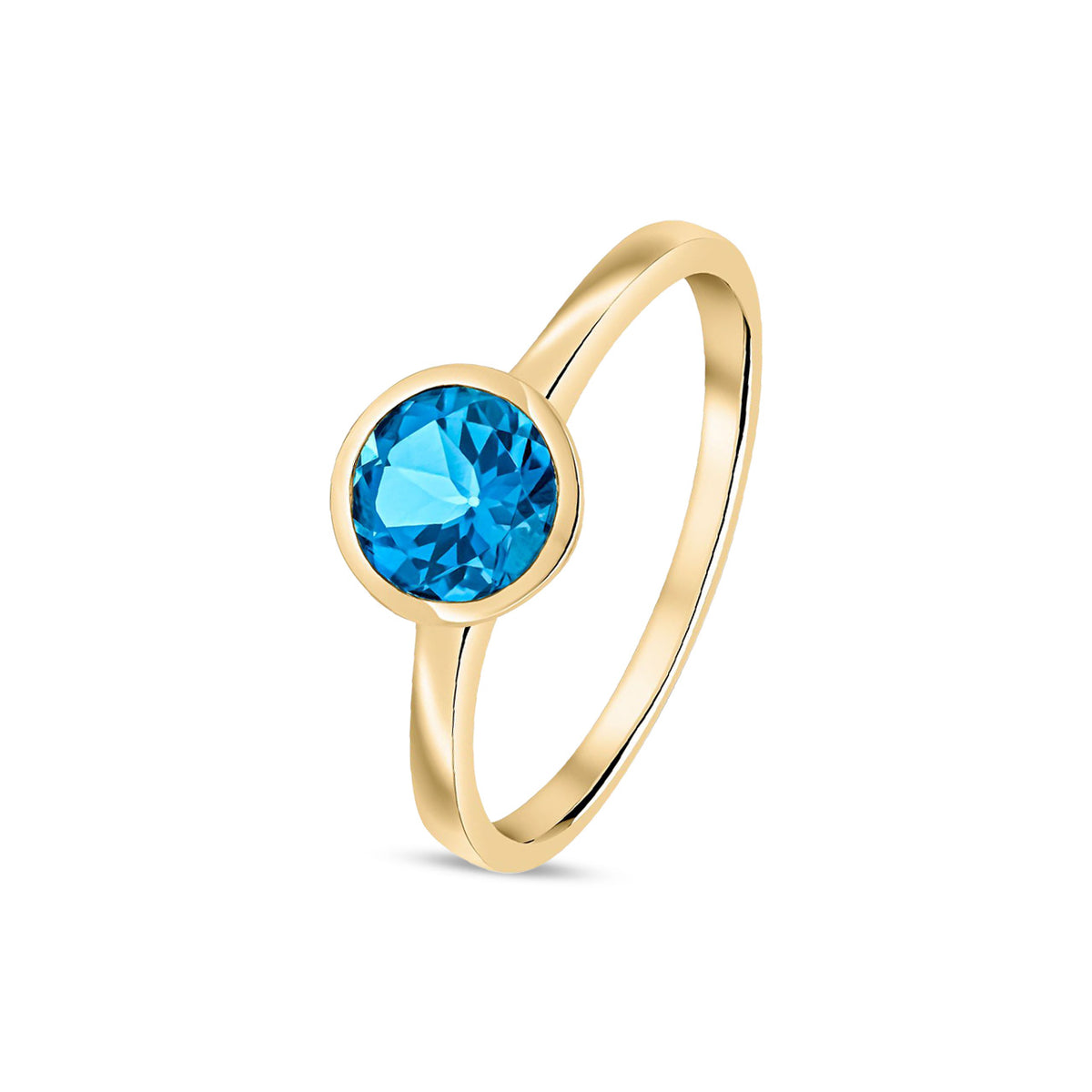 9ct Yellow Gold Round Natural London Blue Topaz Rubover Ring