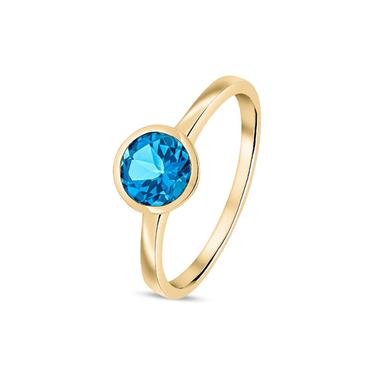 9ct Yellow Gold Round Natural London Blue Topaz Rubover Ring