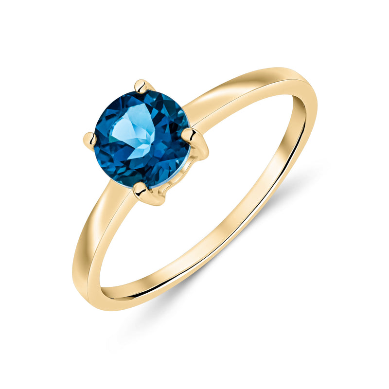 9ct Yellow Gold Round Natural London Blue Topaz Claw Single Stone Ring — 6mm