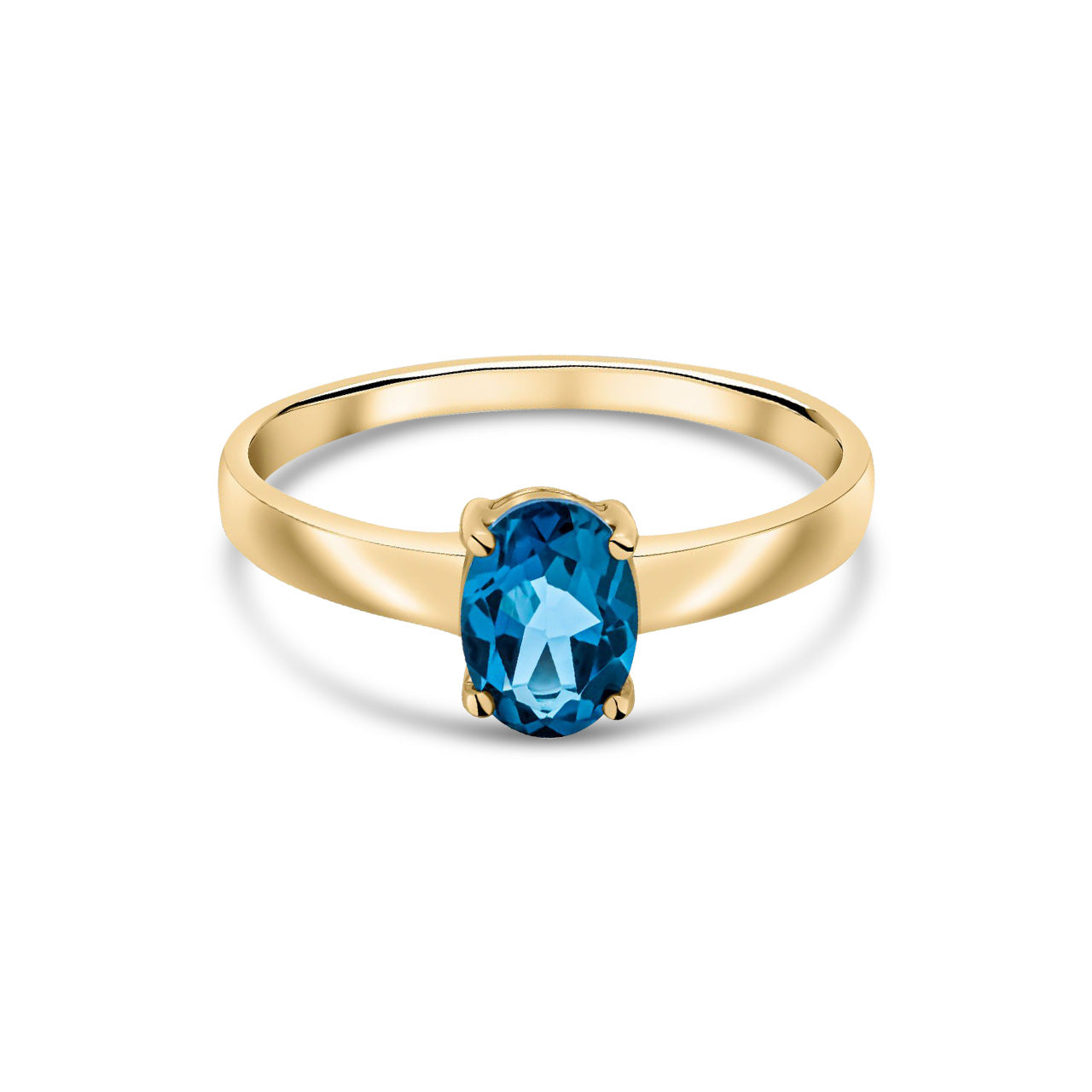 9ct Yellow Gold Oval Natural London Blue Topaz Claw Single Stone Ring — 7x5mm
