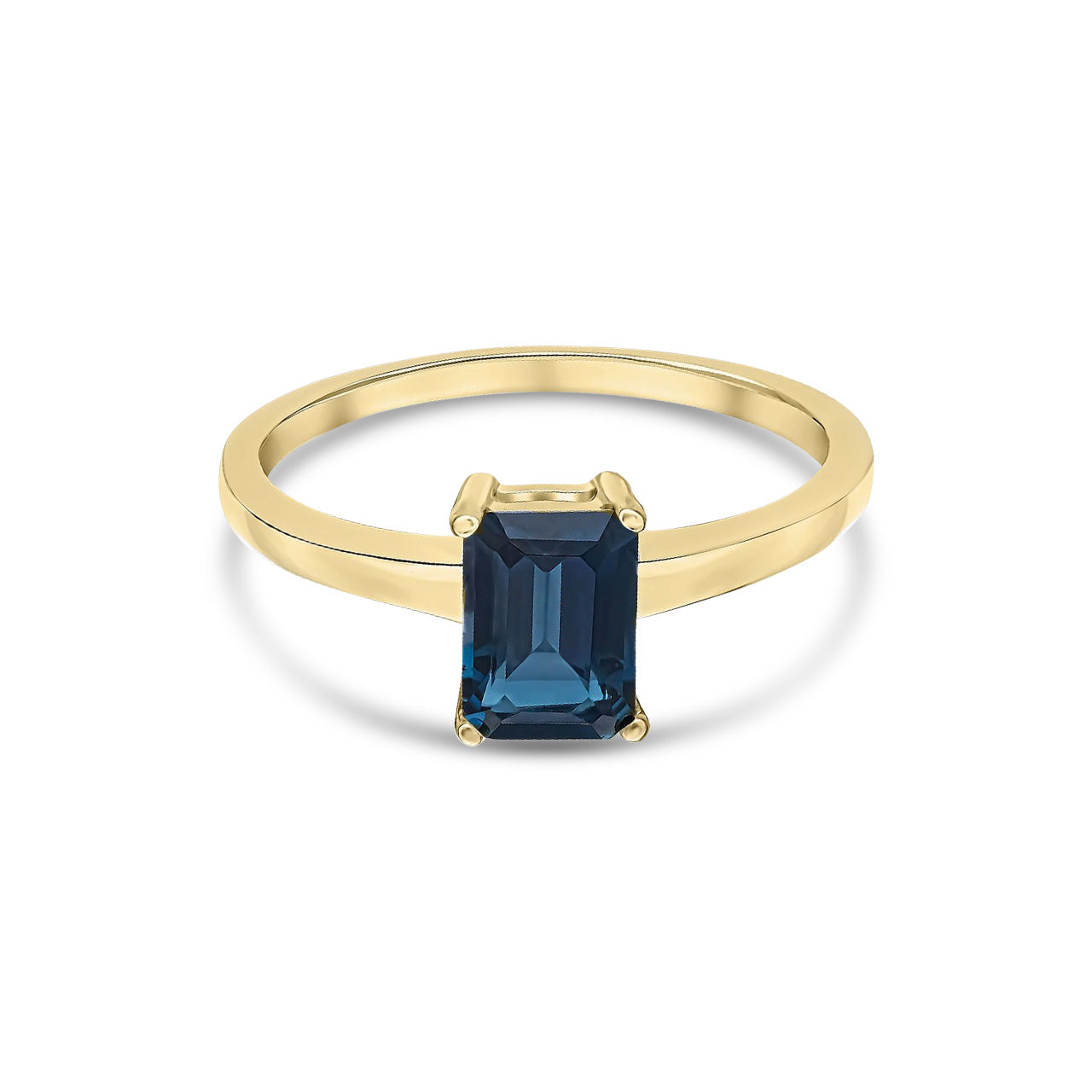 9ct Yellow Gold Octagonal Emerald Cut Natural London Blue Topaz Claw Ring
