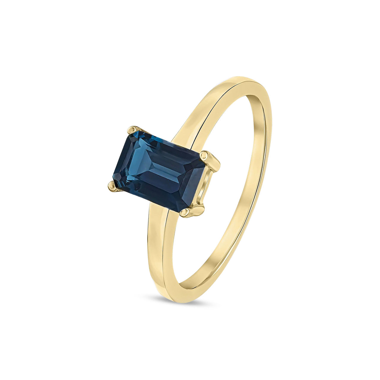 9ct Yellow Gold Octagonal Emerald Cut Natural London Blue Topaz Claw Ring