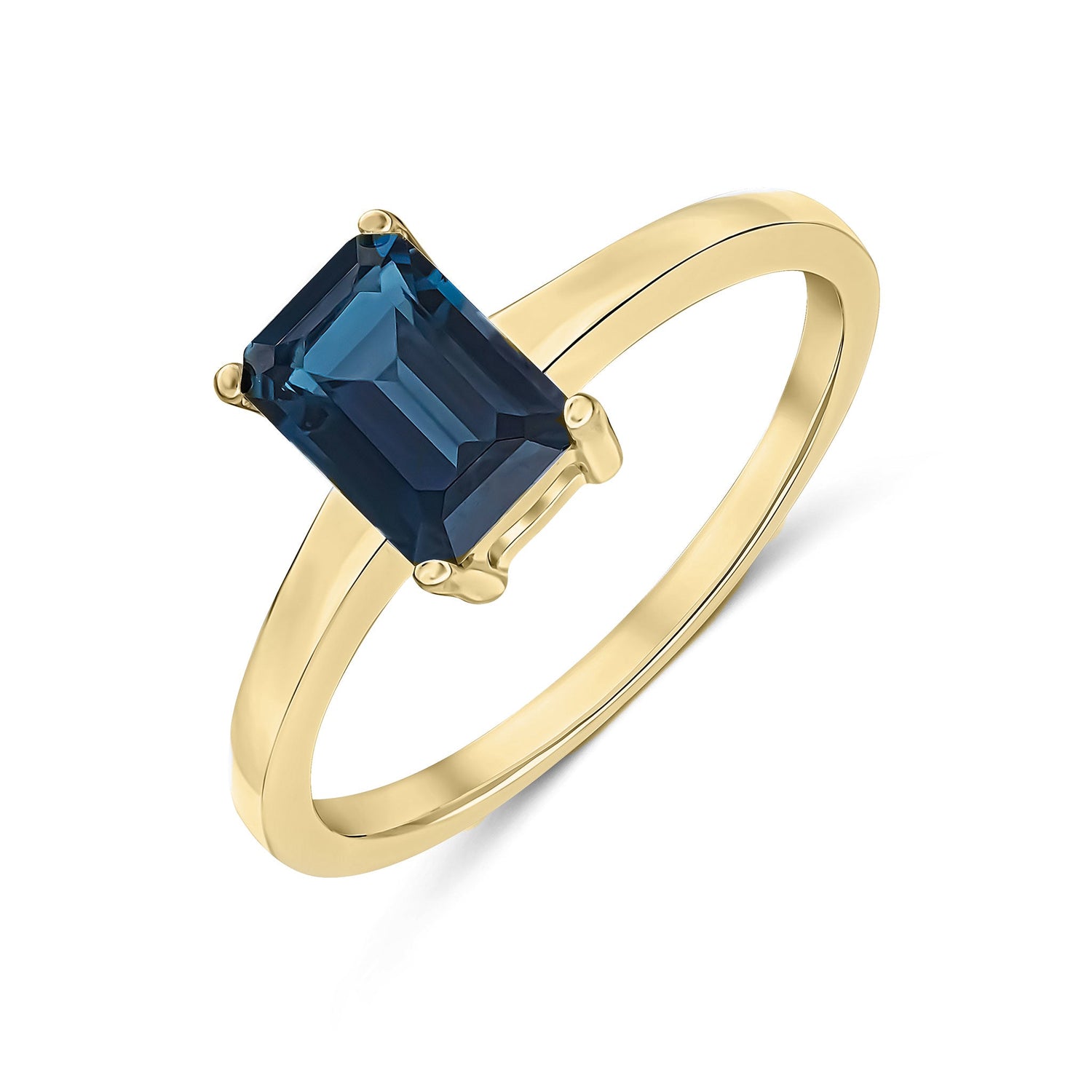 9ct Yellow Gold Emerald Cut Natural London Blue Topaz Claw Ring — 7x5mm