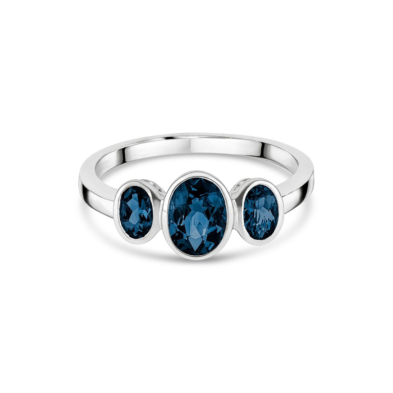 9ct White Gold Oval Natural London Blue Topaz Rubover Three Stone Ring