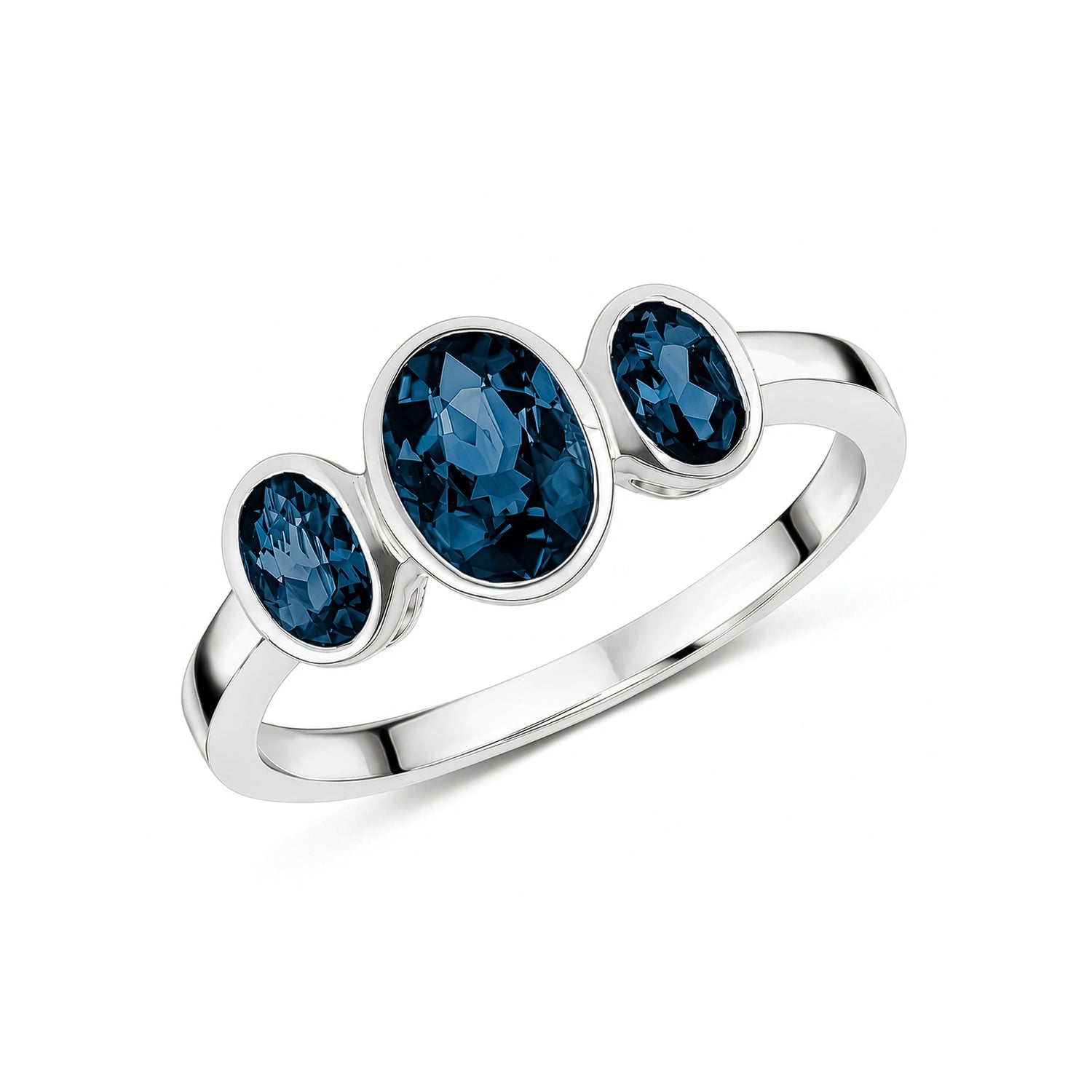 9ct White Gold Oval Natural London Blue Topaz Rubover Three Stone Ring — 7x5mm