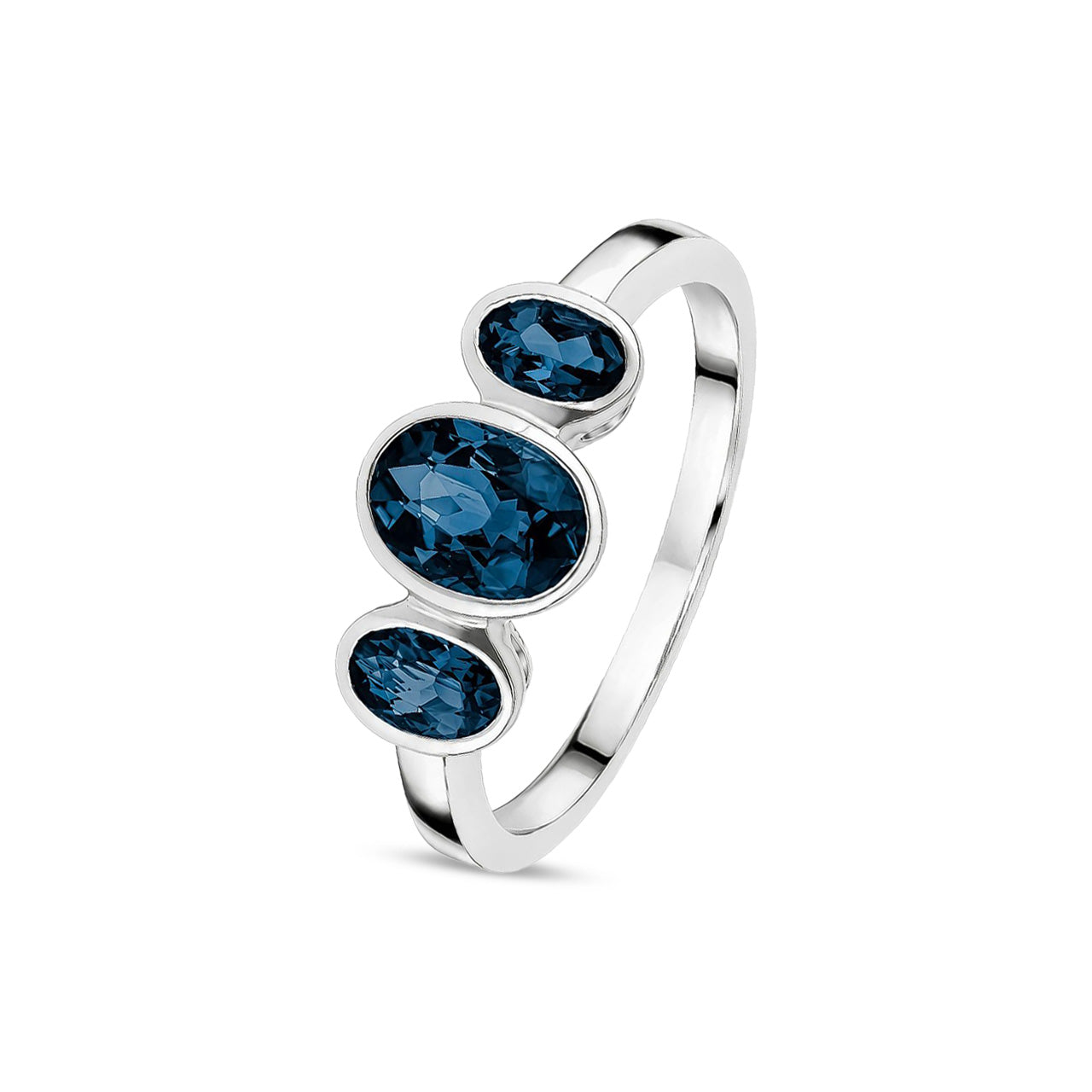 9ct White Gold Oval Natural London Blue Topaz Rubover Three Stone Ring