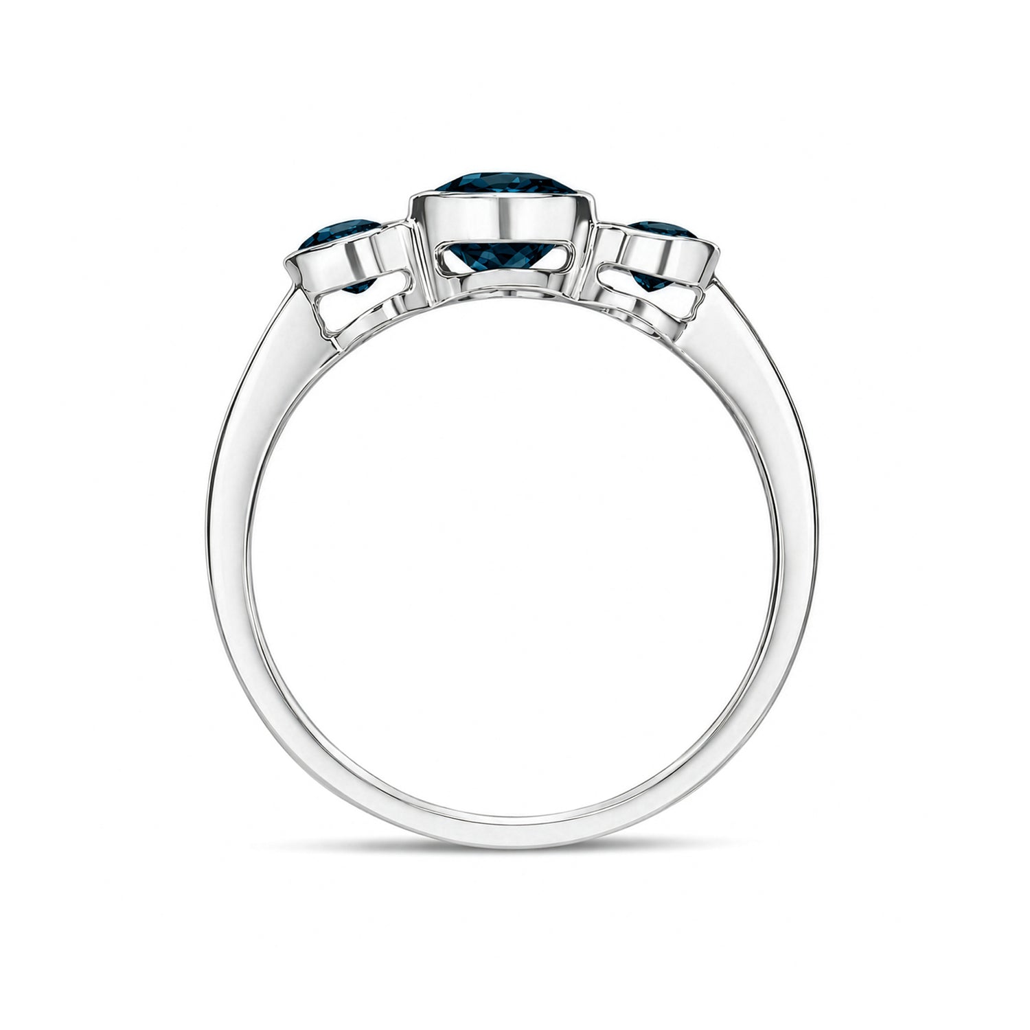 9ct White Gold Oval Natural London Blue Topaz Rubover Three Stone Ring — 7x5mm