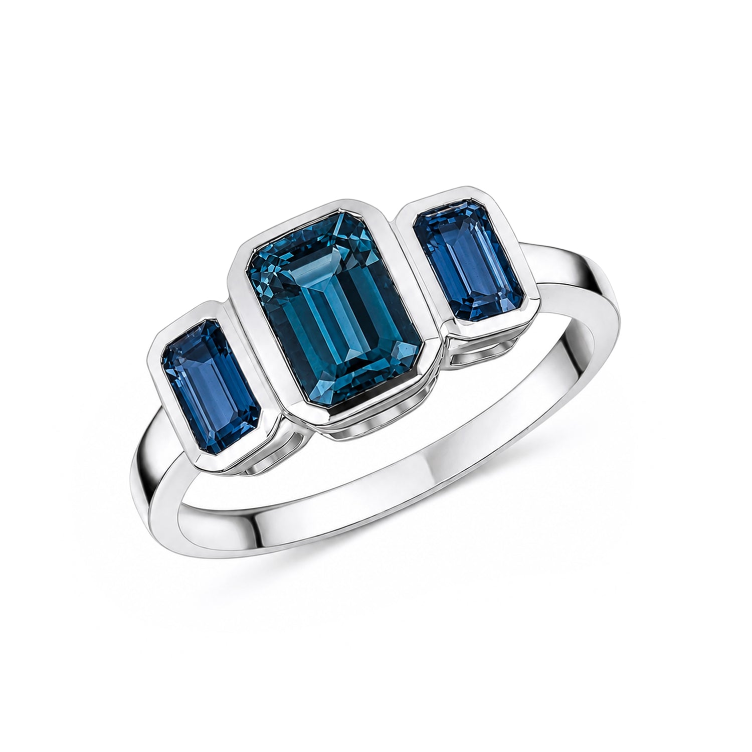 9ct White Gold Octagonal Natural London Blue Topaz Rubover Set Three Stone Ring