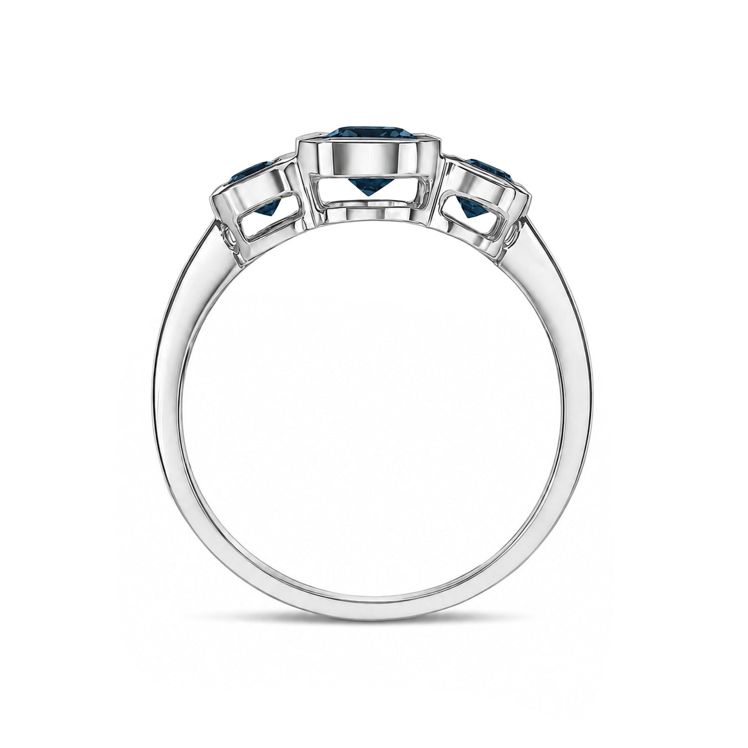9ct White Gold Octagonal Natural London Blue Topaz Rubover Set Three Stone Ring
