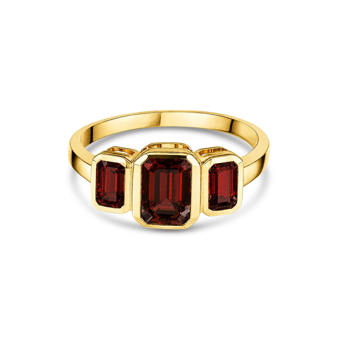 9ct Yellow Gold Octagonal Natural Garnet Rubover Set Three Stone Ring