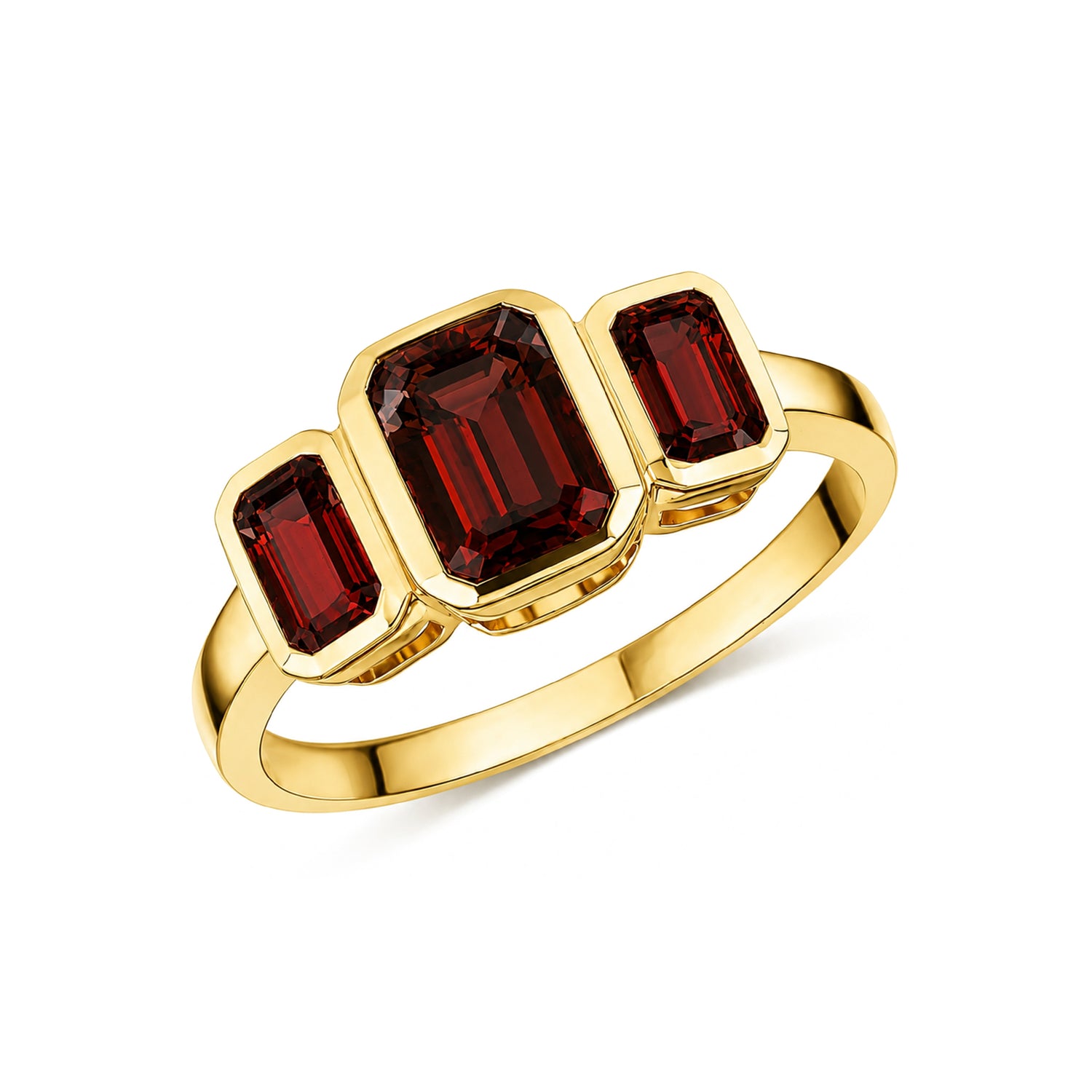 9ct Yellow Gold Octagonal Natural Garnet Rubover Set Three Stone Ring
