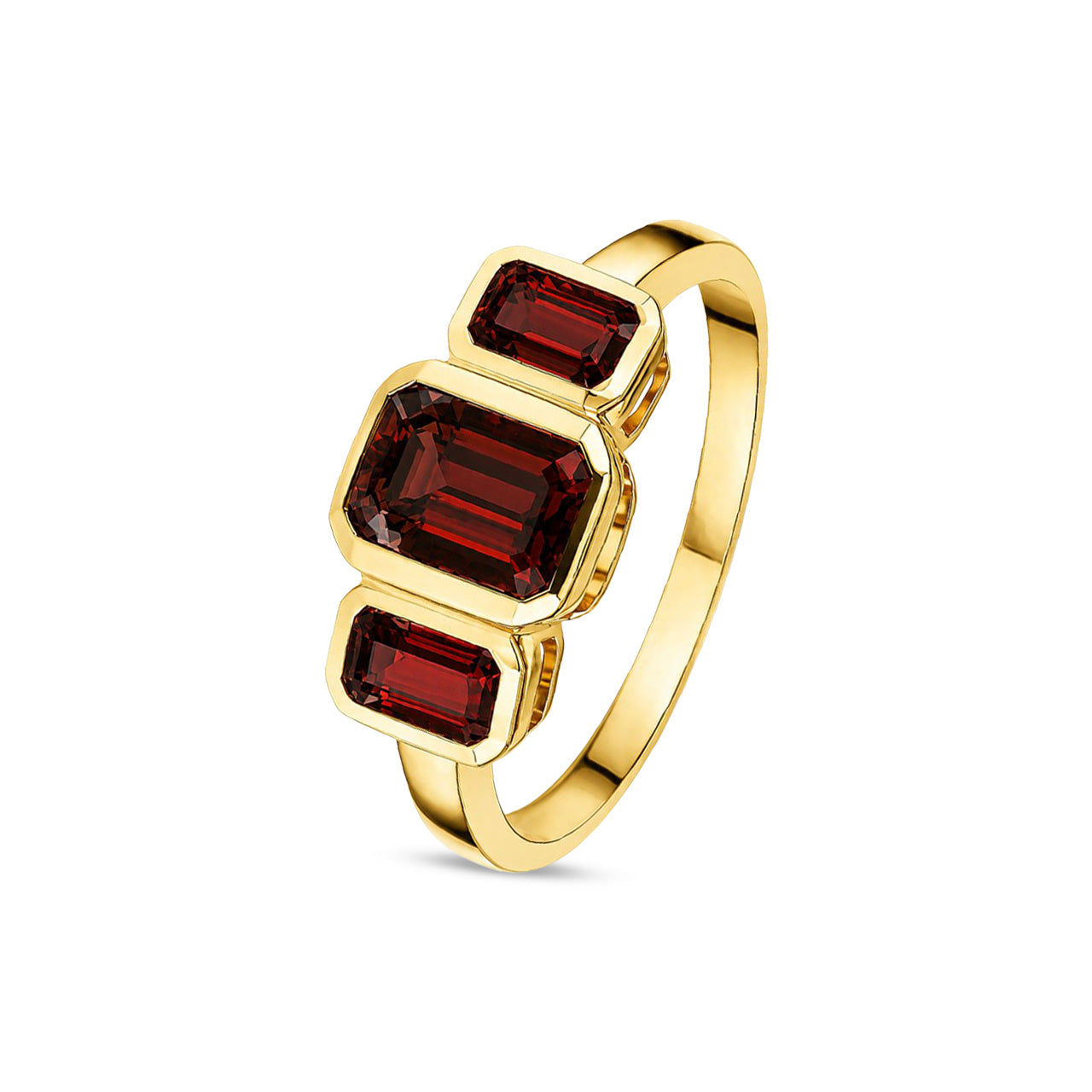 9ct Yellow Gold Octagonal Natural Garnet Rubover Set Three Stone Ring