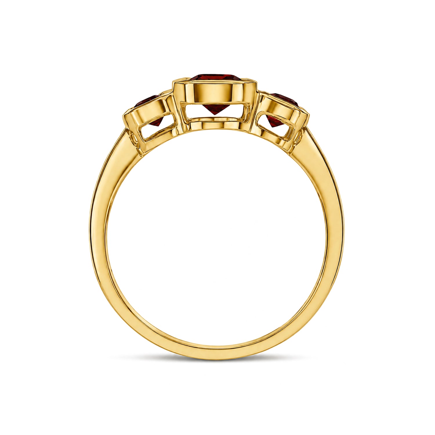 9ct Yellow Gold Octagonal Natural Garnet Rubover Set Three Stone Ring