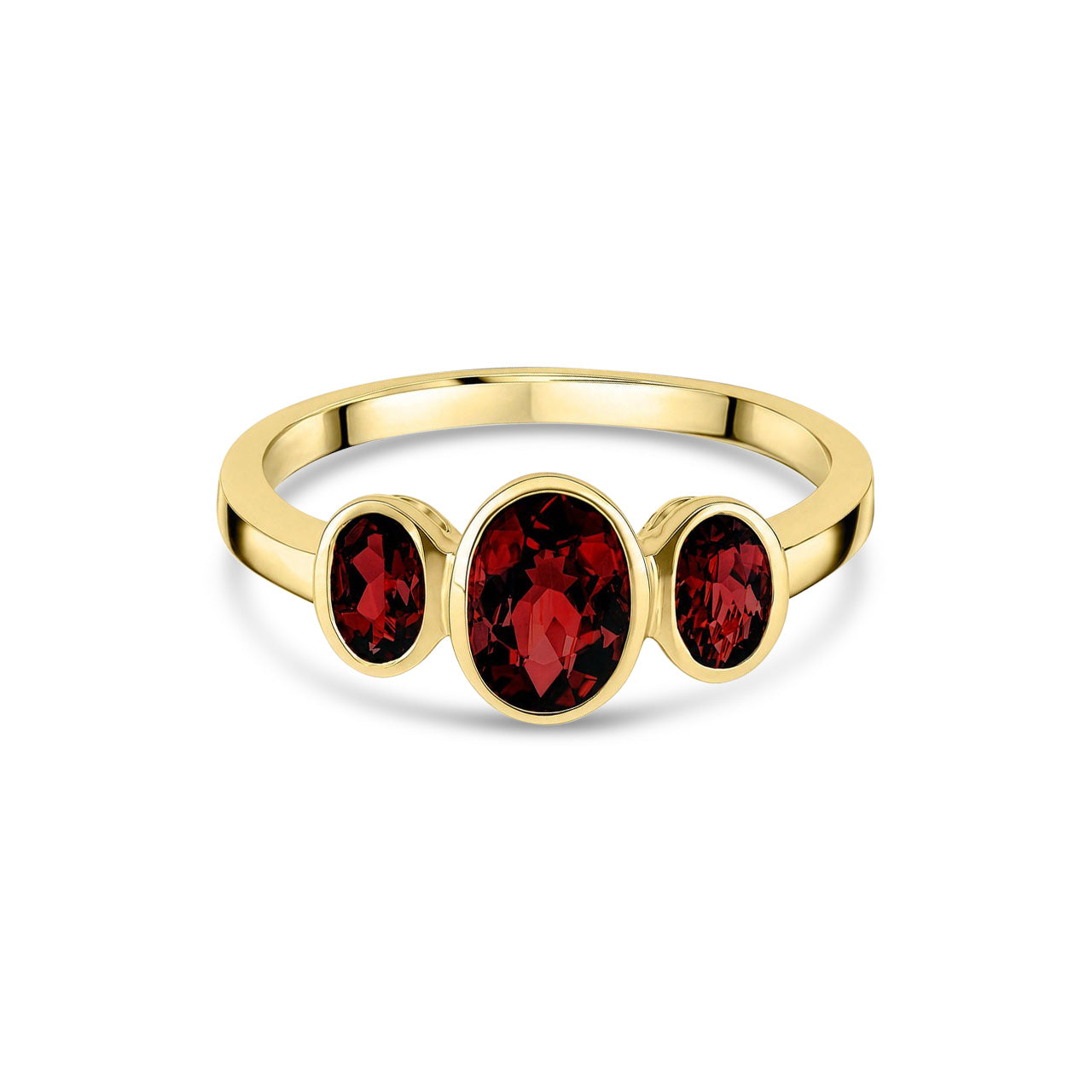 9ct Yellow Gold Oval Natural Garnet Rubover Three Stone Ring
