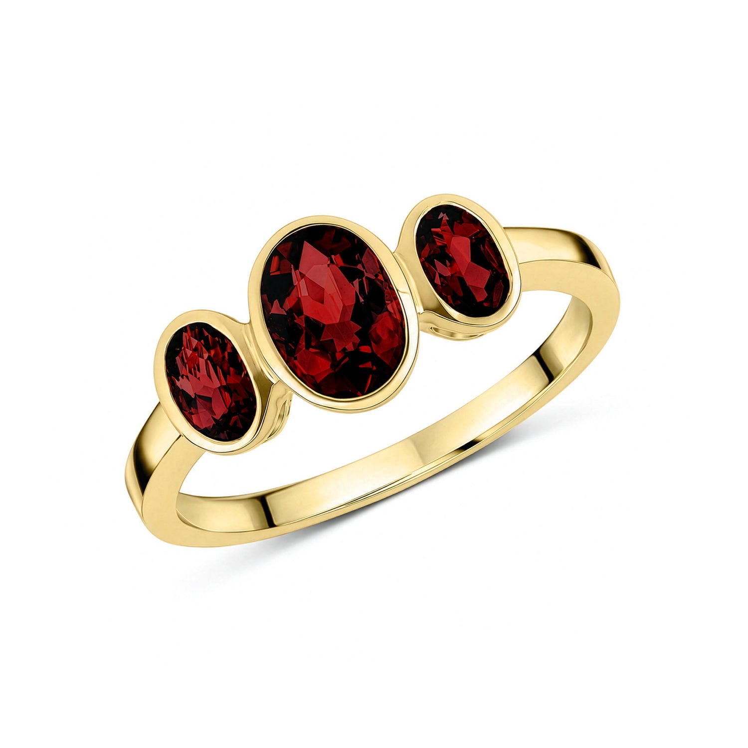 9ct Yellow Gold Oval Natural Garnet Rubover Three Stone Ring — 7x5mm