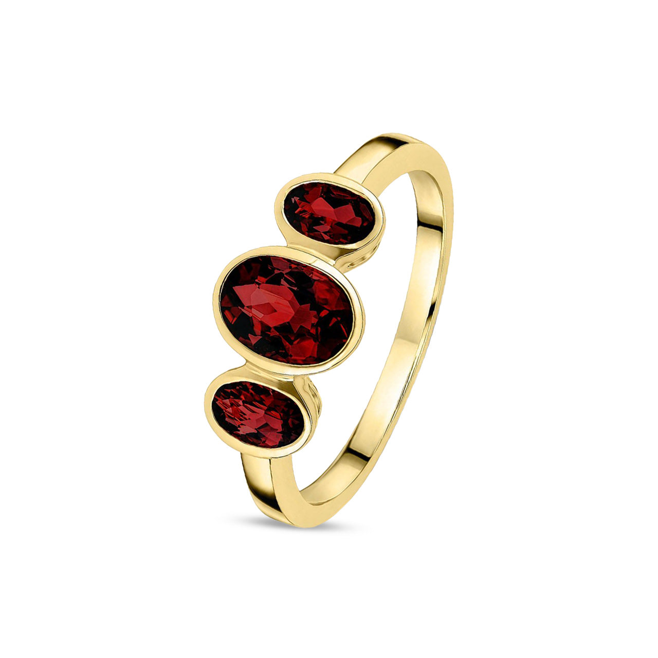9ct Yellow Gold Oval Natural Garnet Rubover Three Stone Ring