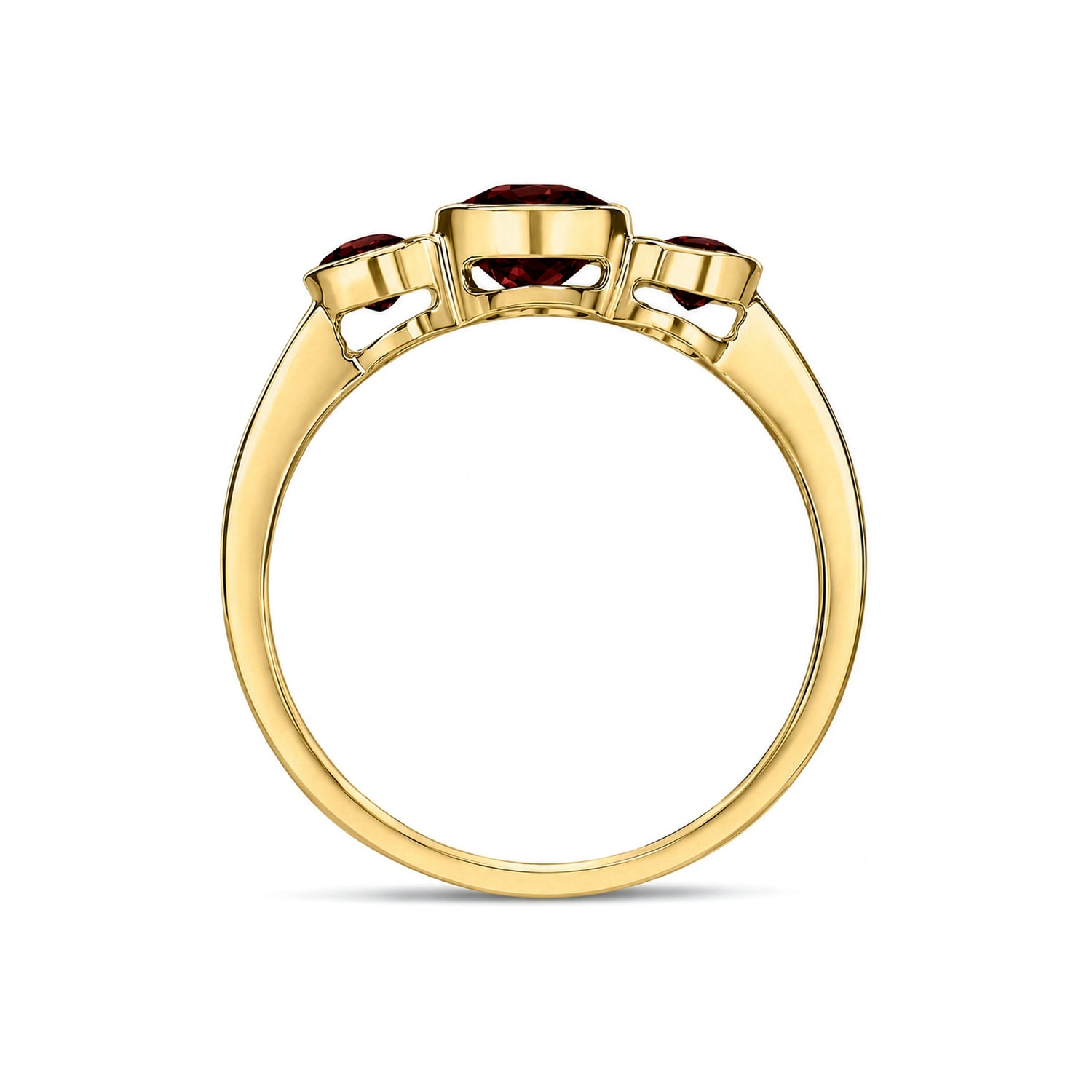 9ct Yellow Gold Oval Natural Garnet Rubover Three Stone Ring — 7x5mm