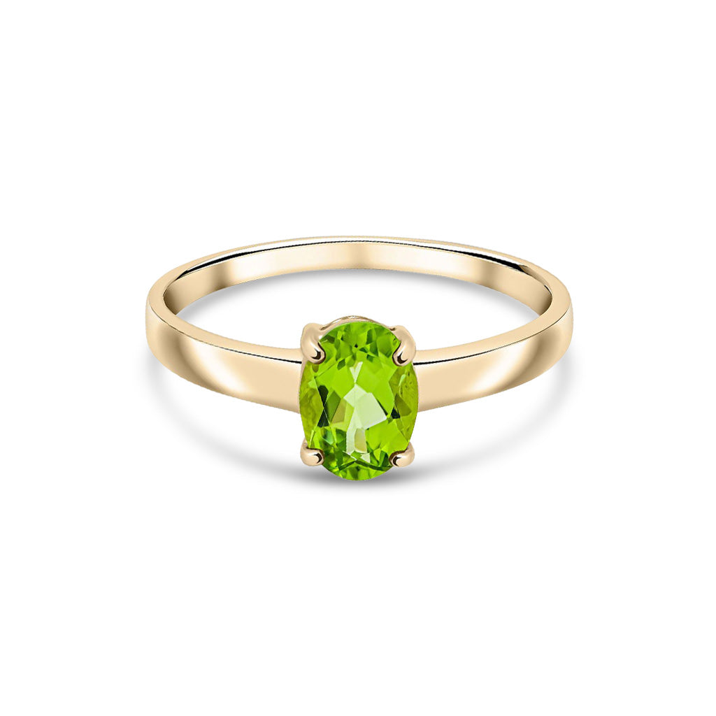 9ct Yellow Gold Oval Natural Peridot Claw Single Stone Ring — 7x5mm