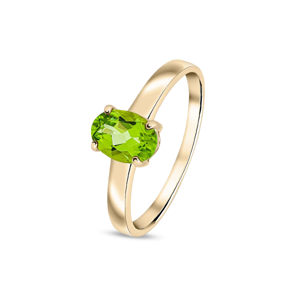 9ct Yellow Gold Oval Natural Peridot Claw Single Stone Ring — 7x5mm