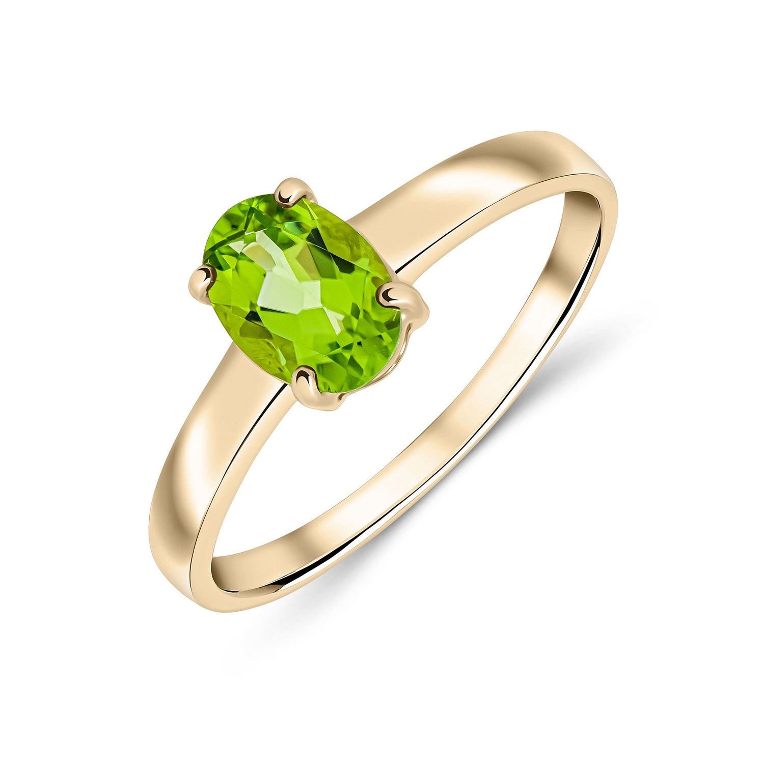 9ct Yellow Gold Oval Peridot Four Claw Single Stone Ring — 7x5mm