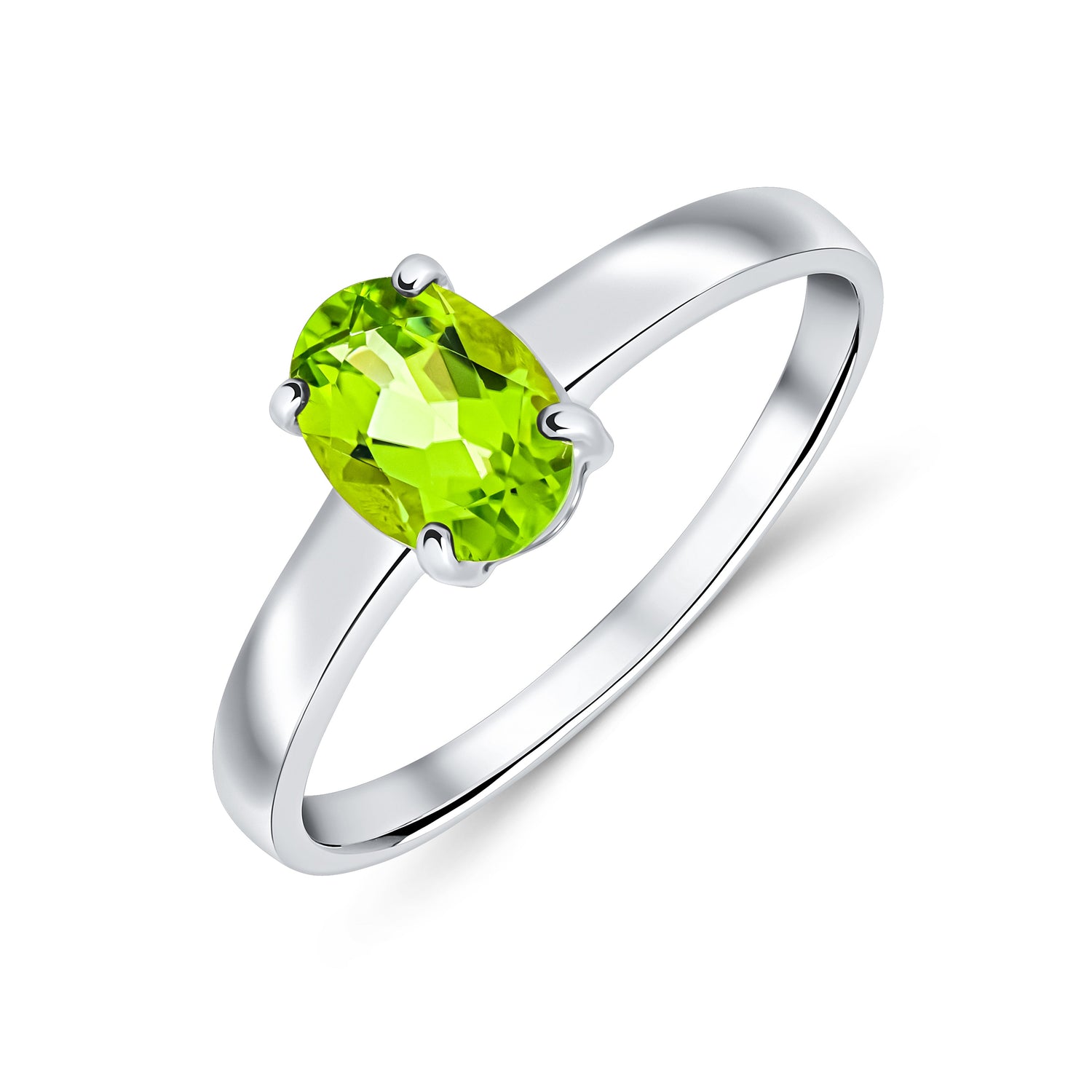 9ct White Gold Oval Natural Peridot Claw Single Stone Ring — 7x5mm
