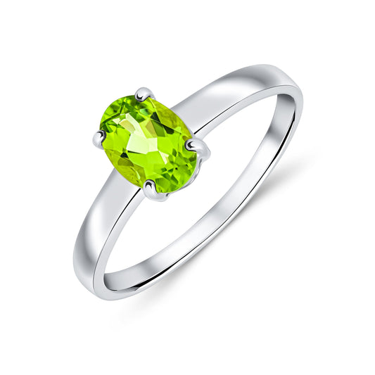 9ct White Gold Oval Natural Peridot Claw Single Stone Ring — 7x5mm