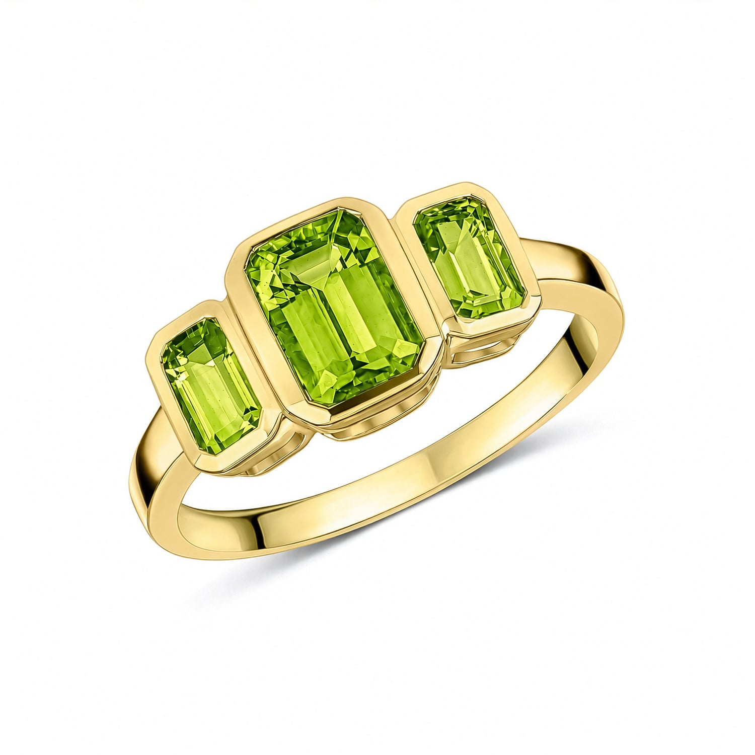 9ct Yellow Gold Octagonal Natural Peridot Rubover Set Three Stone Ring