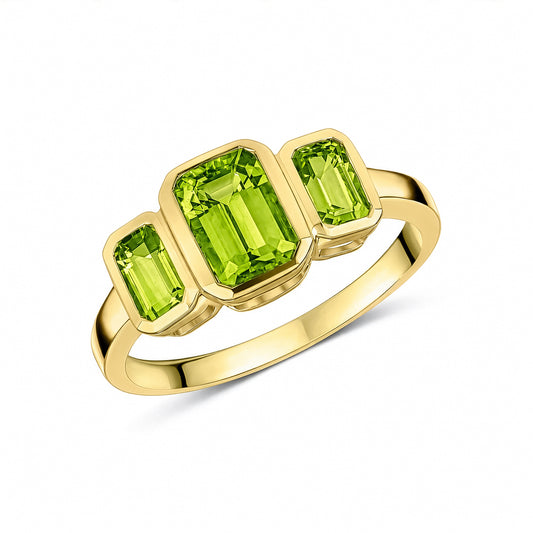 9ct Yellow Gold Octagonal Natural Peridot Rubover Set Three Stone Ring