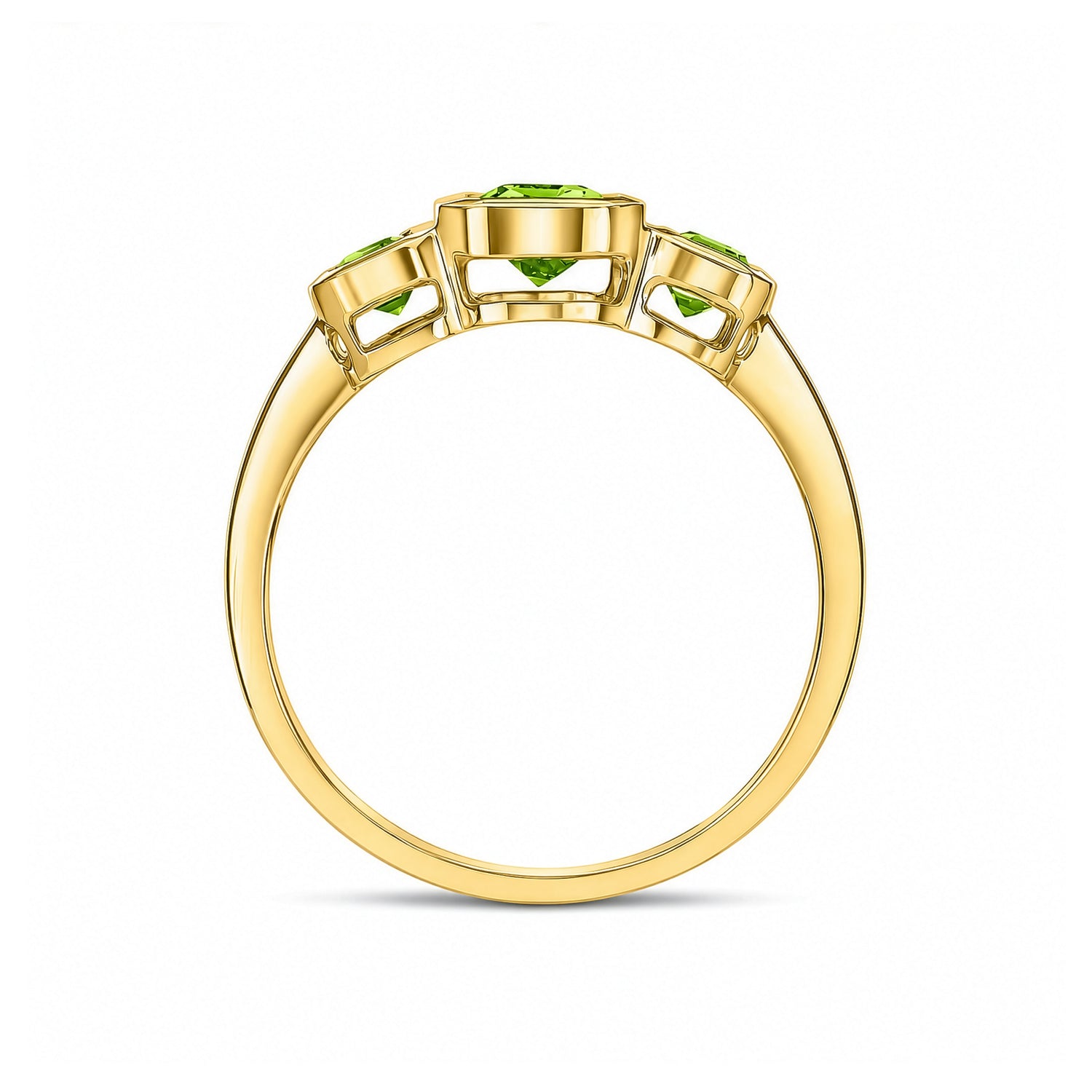 9ct Yellow Gold Octagonal Natural Peridot Rubover Set Three Stone Ring