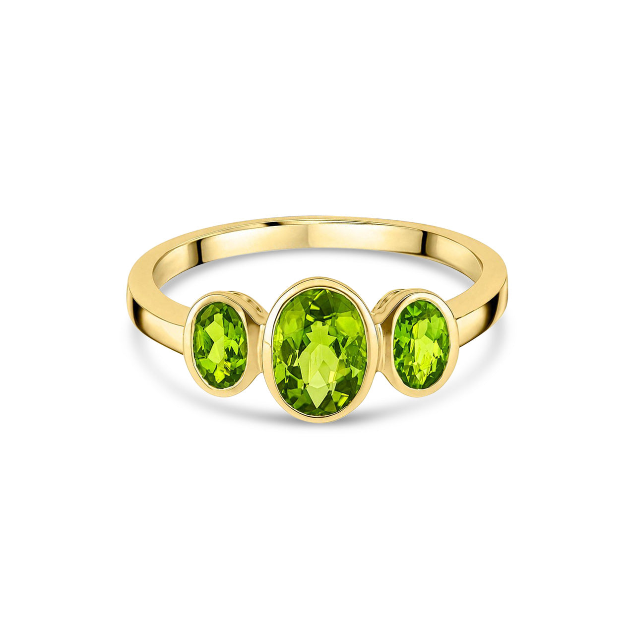 9ct Yellow Gold Oval Natural Peridot Rubover Three Stone Ring