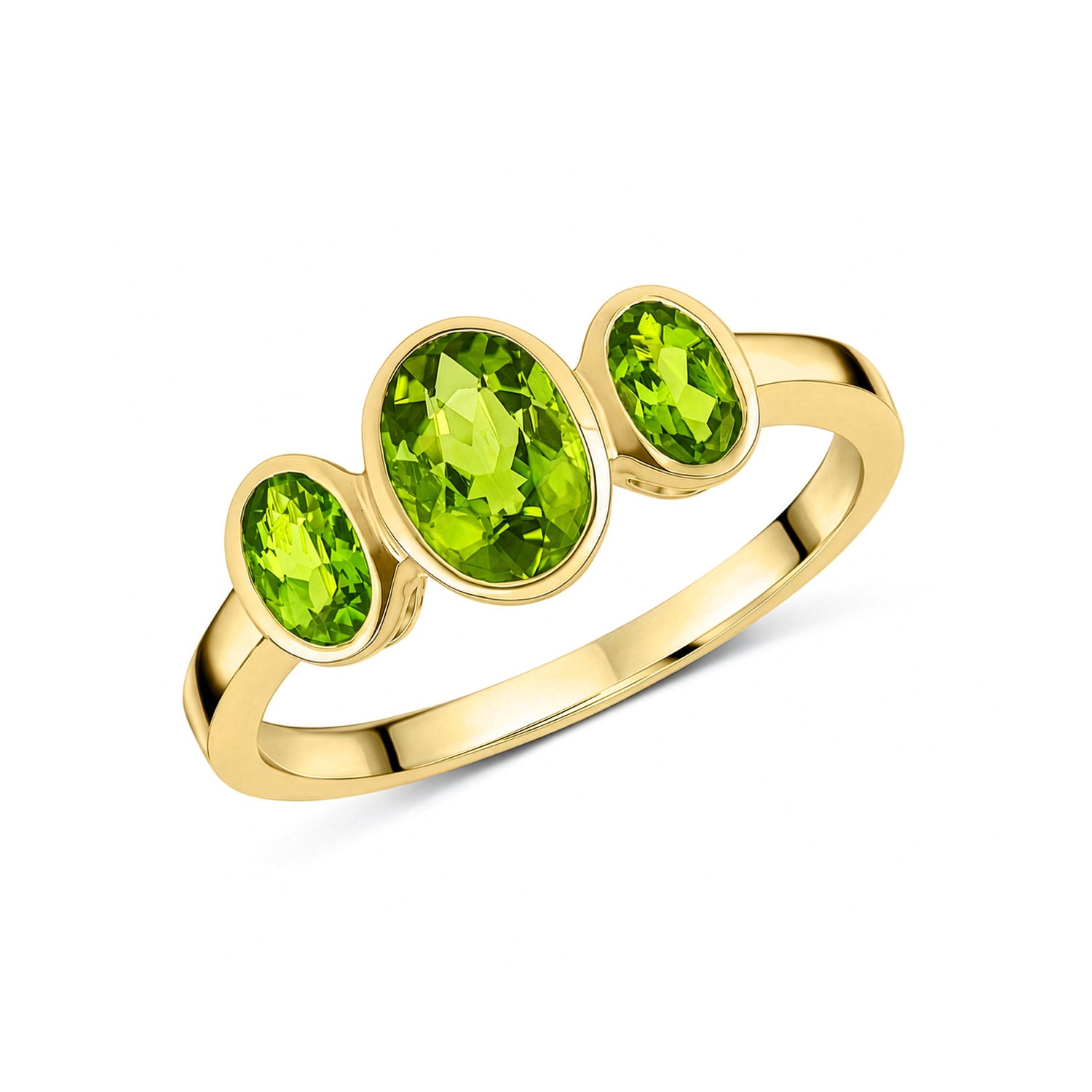 9ct Yellow Gold Oval Natural Peridot Rubover Three Stone Ring — 7x5mm