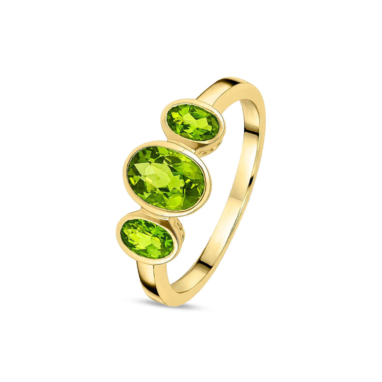 9ct Yellow Gold Oval Natural Peridot Rubover Three Stone Ring